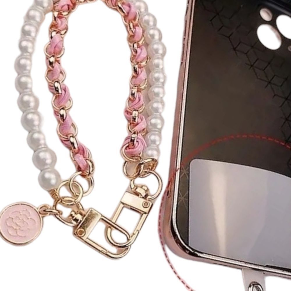 Camellia Pink Leather Pearl Mobile Phone Ring Anti-Theft Bracelet Lanyard - Picture 4 of 5